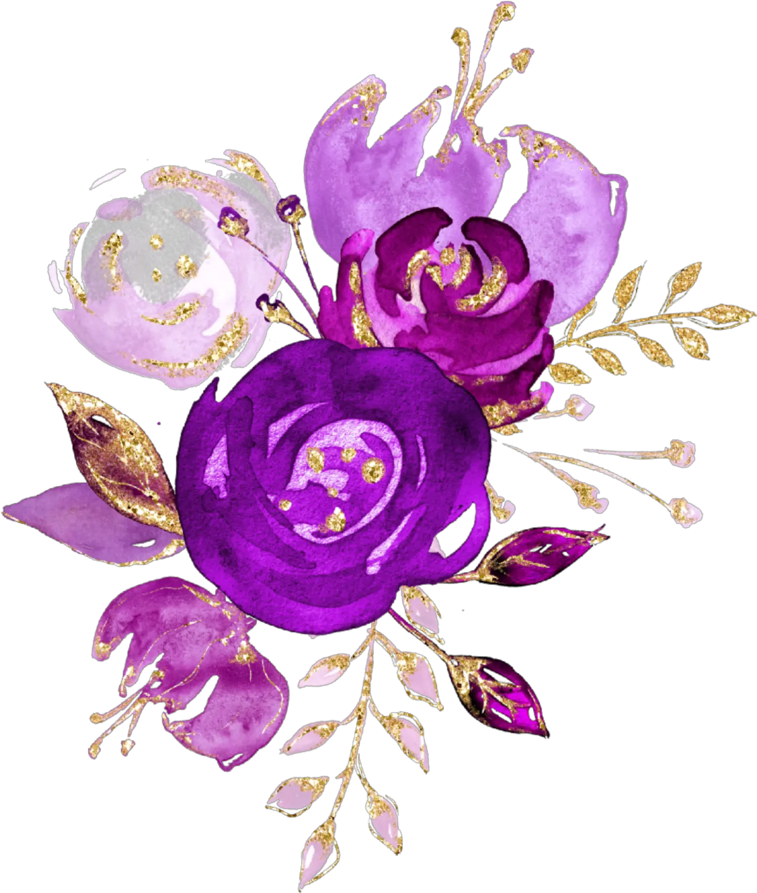 watercolor flowers bouquet bunch purple plum Purple And Gold Flowers