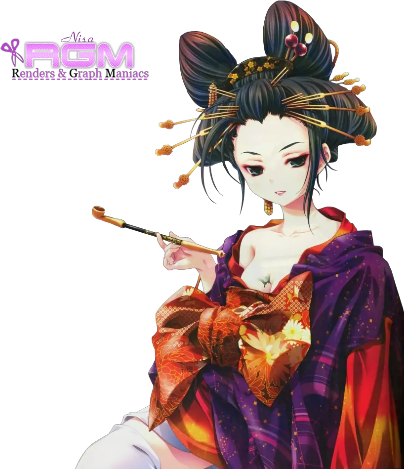 Geisha Fille Maquillage Kimono Barettes Chignon Render Kimono Geisha Anime
