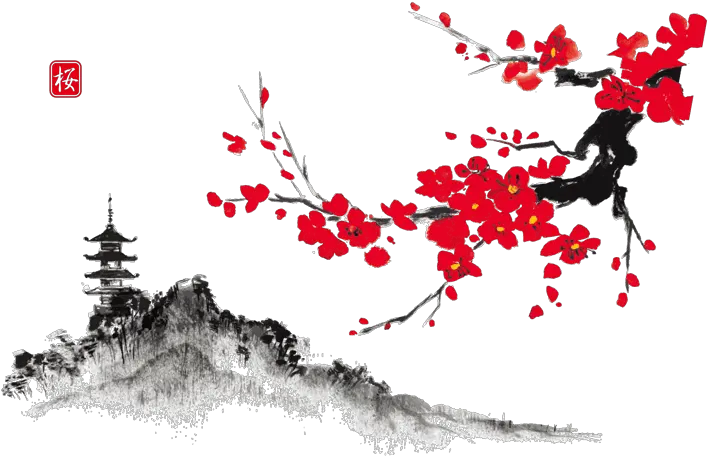 手绘绿叶红花 Traditional Japanese Landscape Drawing