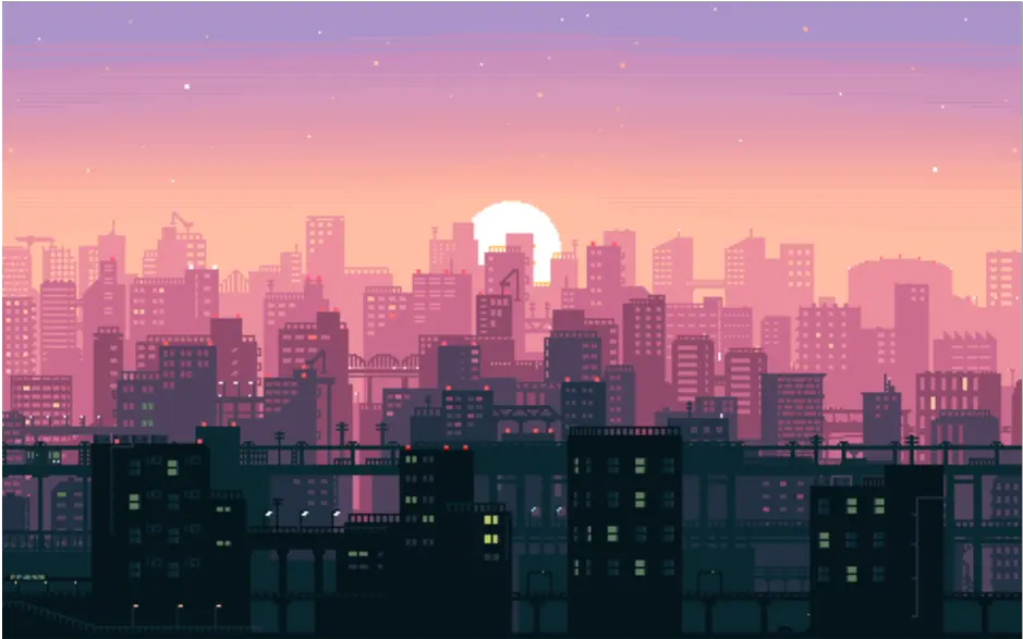 city pixel game sunset background vaporwave freetoedit Cityscape Pixel Art Background
