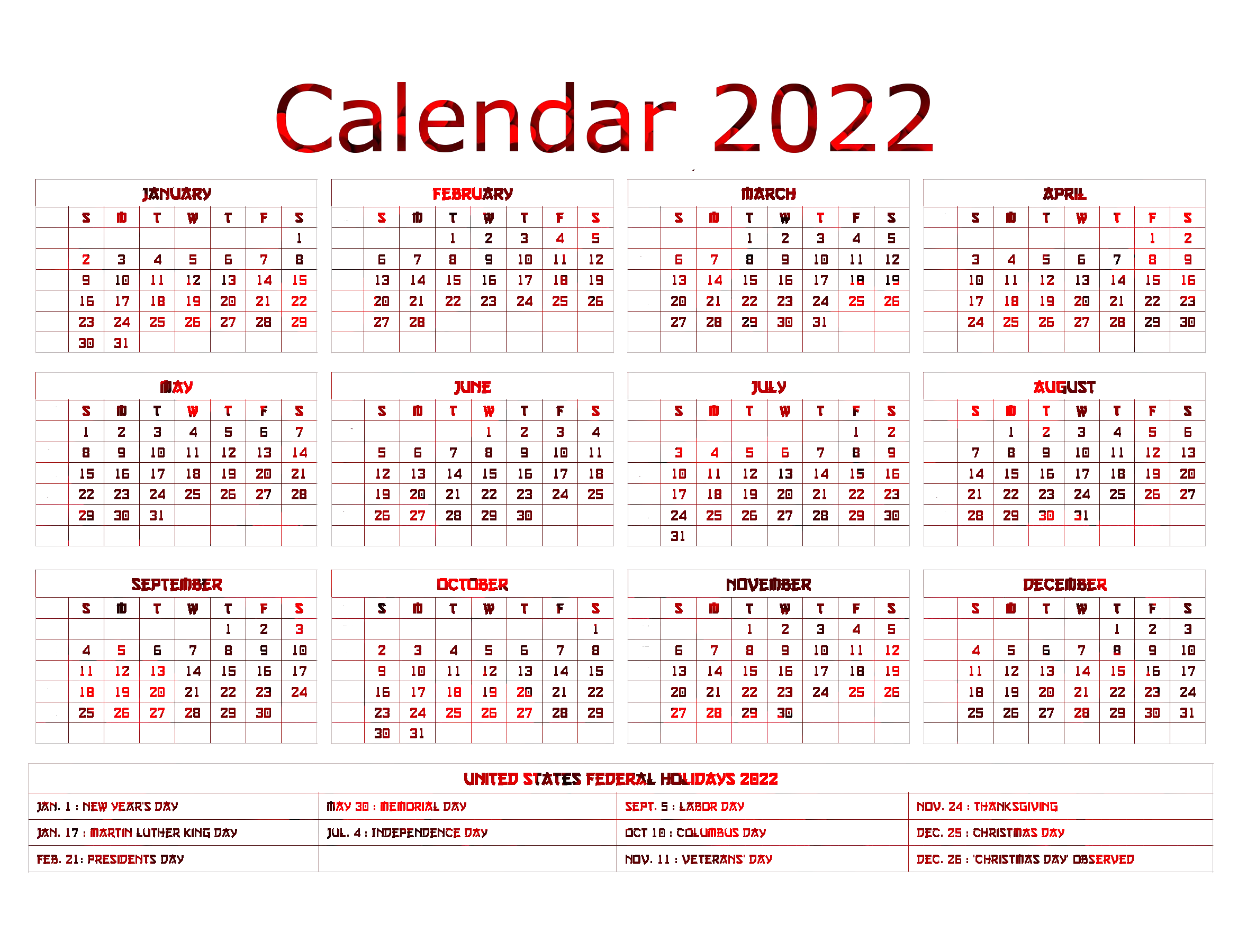 Calendar 2022 year PNG